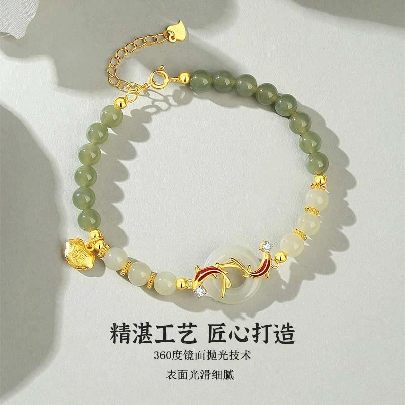 金戟 锦鲤平安扣 新中式国潮 开运招财纳福 高级感好寓意考试考研成功 和田玉手链 青白玉 女款