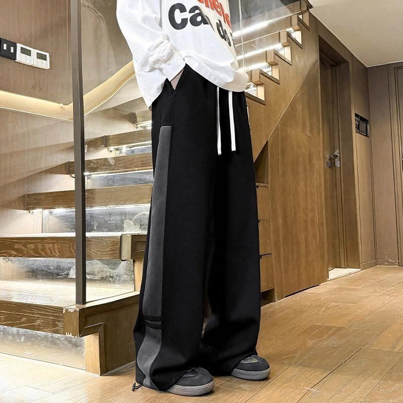 绘承 美式复古简约基础款抽绳拼接撞色户外高街宽松百搭直筒痞帅垂感拖地休闲裤 男女同款