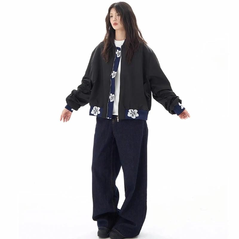 极限涡轮 美式高街复古纯色飞行员宽松短款长袖夹克外套 男女同款 黑色