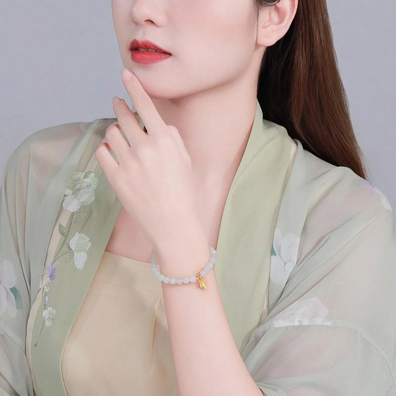 潮宏基 倾玉 竹叶 新中式小众高级 国风典雅 和田玉 手串 女款 白玉
