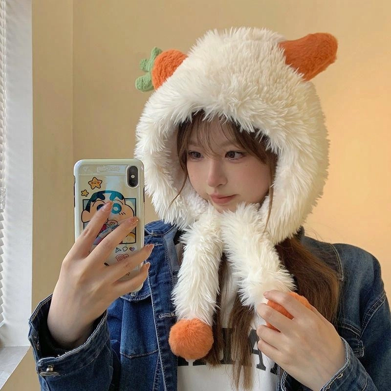 祎步康 胡萝卜毛绒绑带冬季加厚保暖防寒护耳套头帽可爱 聚酯纤维 绒线帽 男女同款情侣款
