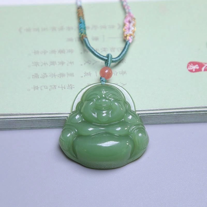 匠心琢玉 精雕弥勒佛笑佛 好运 小众设计 国风 和田玉项链 碧玉 男女同款情侣款