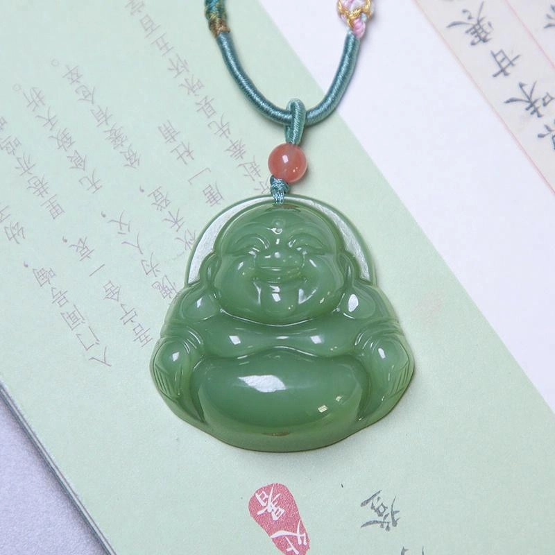匠心琢玉 精雕弥勒佛笑佛 好运 小众设计 国风 和田玉项链 碧玉 男女同款情侣款