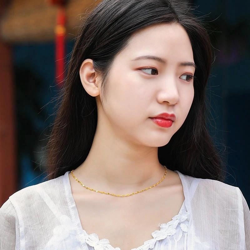 梦金园 嘴唇锁骨链细款黄金素链 足金 按克计价 项链 女款