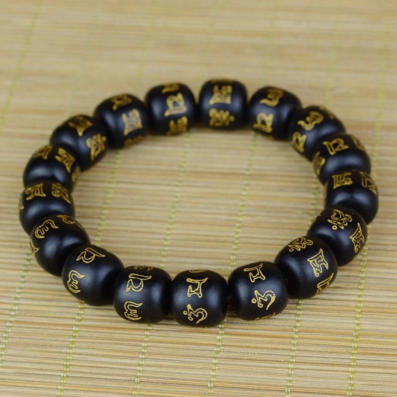 鶄鲤 老型桶珠佛珠雕刻描金#好运 黑檀 手串 男女同款情侣款