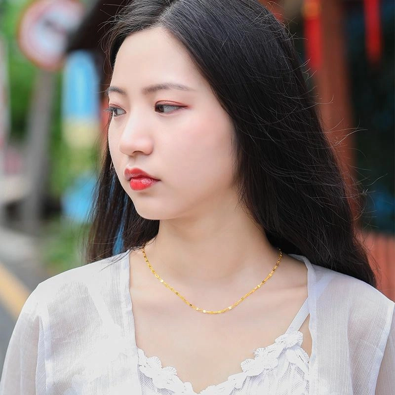梦金园 嘴唇锁骨链细款黄金素链 足金 按克计价 项链 女款