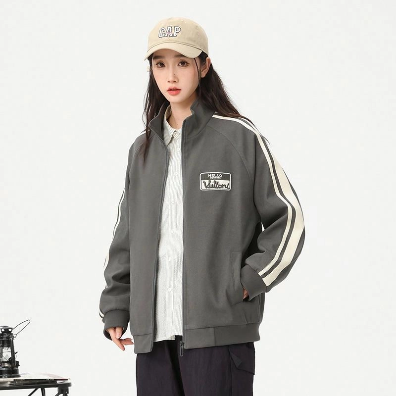 快鱼 立领防风宽松字母刺绣条纹夹克外套 男女同款