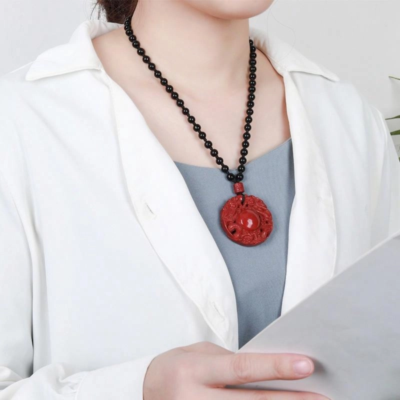 妍韵珠宝 双龙护主龙牌转运护身符平安扣 再造辰砂朱砂 玉石吊坠 男女同款情侣款