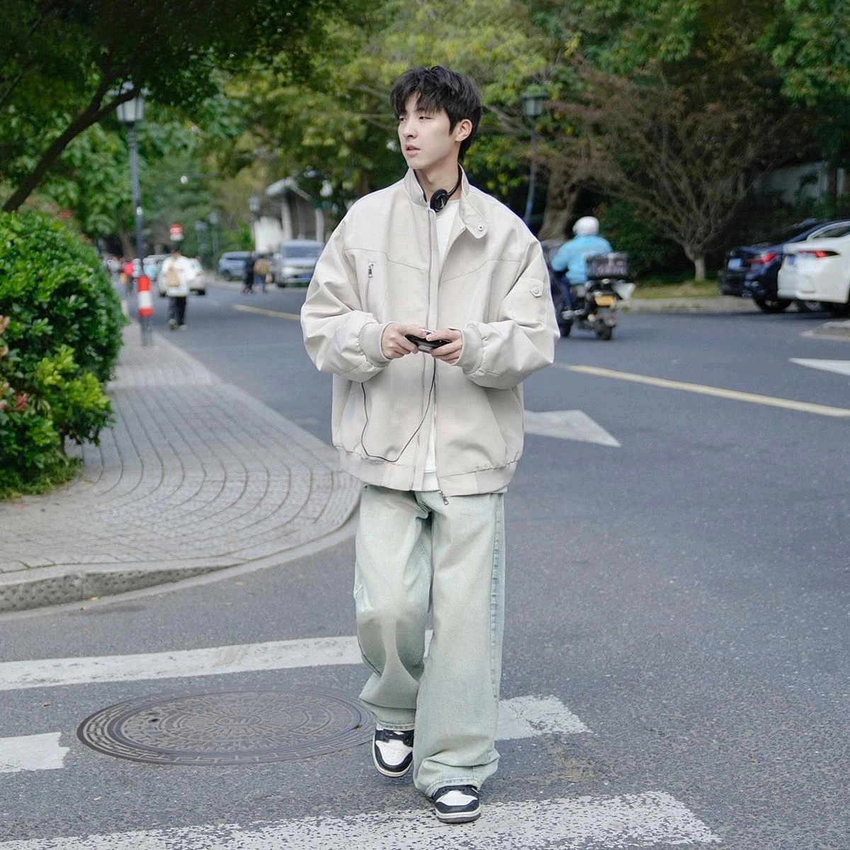 港仔文艺男 美式工装飞行员设计感小立扣夹克外套 男女同款