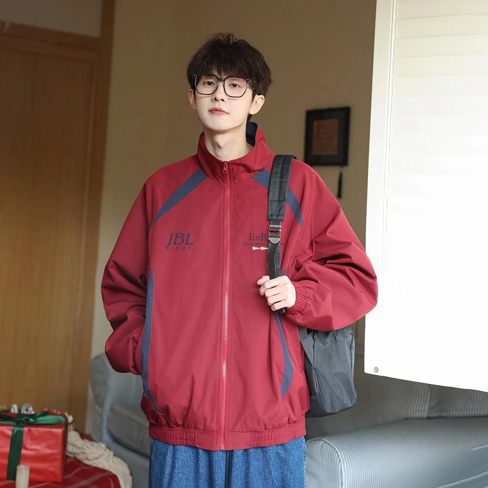 金贝勒 美式复古字母印花图案休闲百搭翻领撞色夹克外套 男女同款