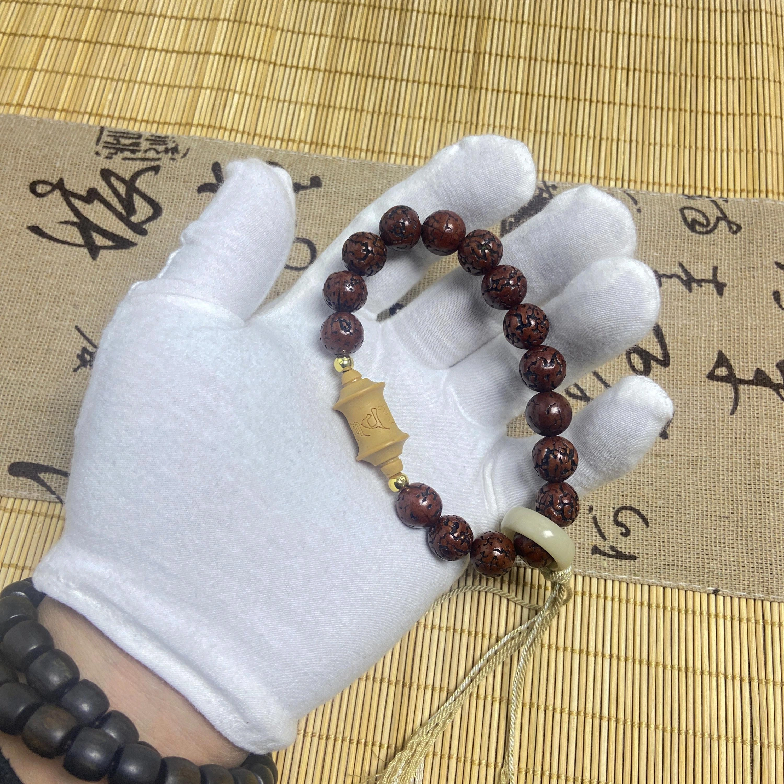 耳玺 跑环六字真言中式国潮小众设计感古风木质文玩佛珠盘玩佩戴好运招财纳福转运念珠无齿 金刚菩提 手串 男女同款情侣款