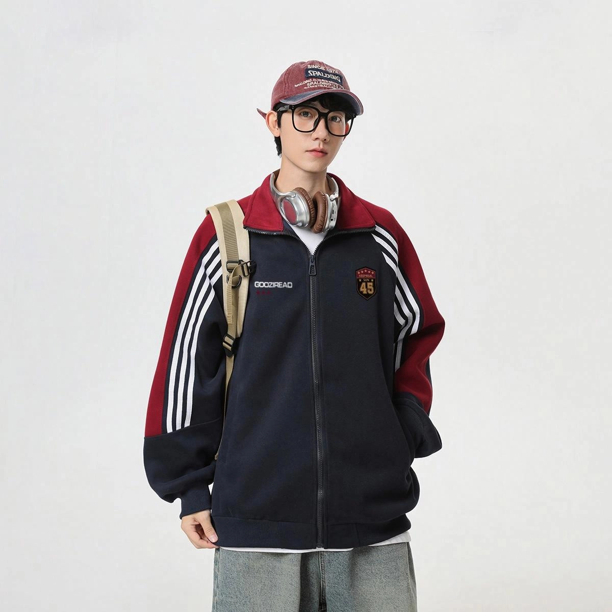 港仔文艺男 撞色插肩袖条纹徽章宽松字母立领开衫复古休闲学院风长袖夹克外套 男女同款