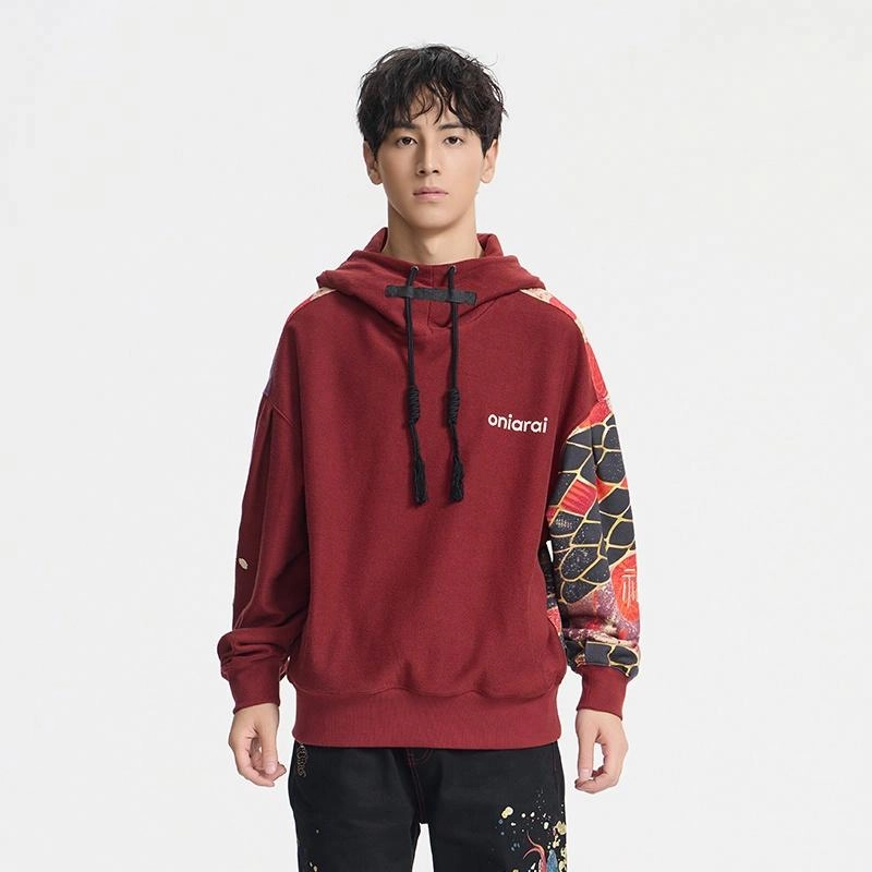 鬼洗 长袖连帽落肩卫衣 男款 暗红色