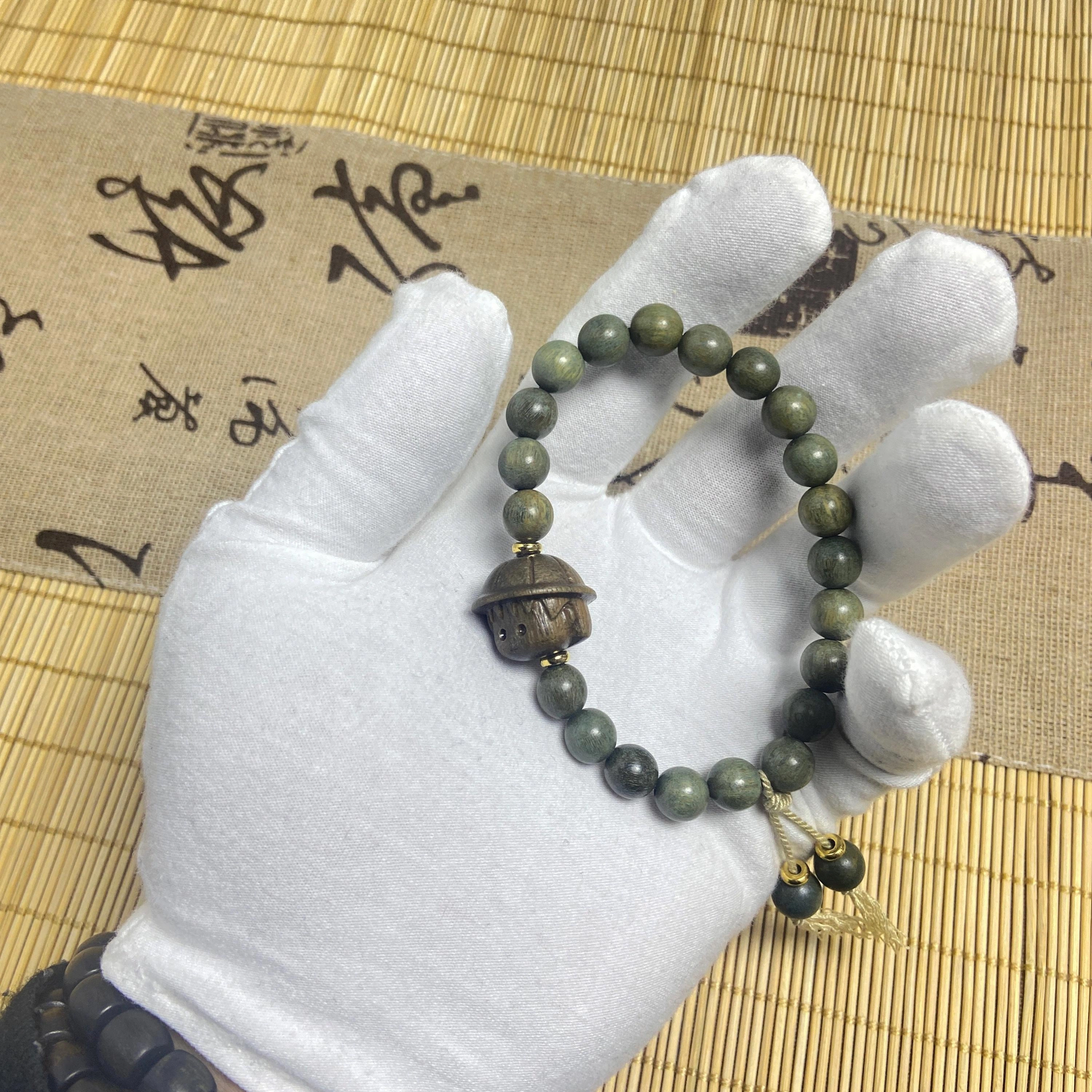 耳玺 手工精雕中式国潮小众设计感古风木质文玩佛珠盘玩佩戴好运招财纳福转运念珠 绿檀 手串 男女同款情侣款
