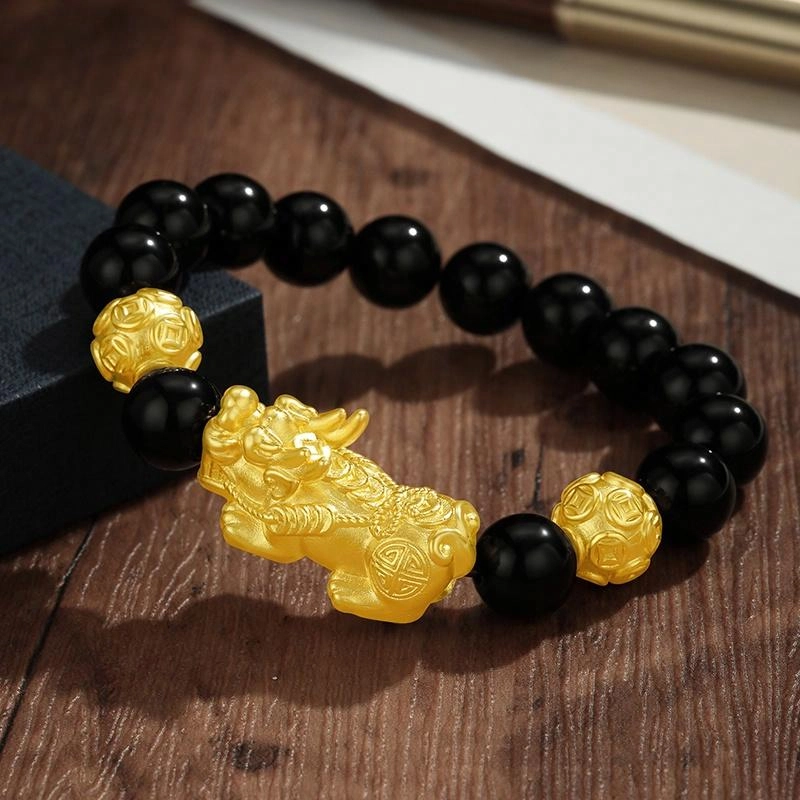 中国黄金 央创时尚 貔貅国潮新中式 小众设计简约 黑曜石 玉石手串 男女同款情侣款 男友 礼盒礼物 节日
