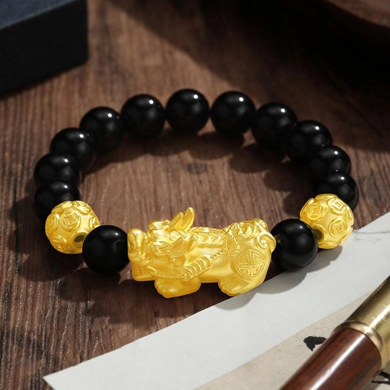 中国黄金 央创时尚 貔貅国潮新中式 小众设计简约 黑曜石 玉石手串 男女同款情侣款 男友 礼盒礼物 节日
