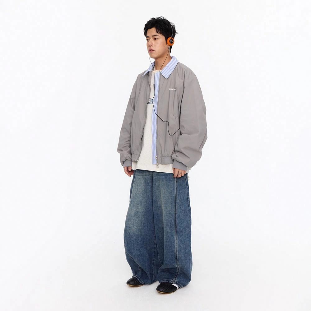 江南先生 美式复古绣花假两件翻领宽松棒球服外套夹克 男女同款