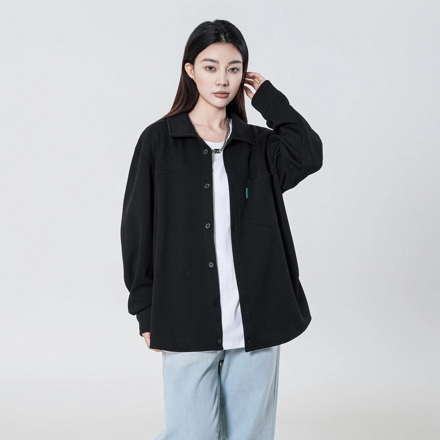敦煌博物馆 美式简约纯色户外宽松休闲百搭华夫格重磅长袖衬衫款翻领夹克外套 男女同款