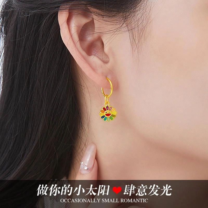 黛若 太阳花真金珐琅彩色养耳洞 足金 一口价 黄金耳环 女款