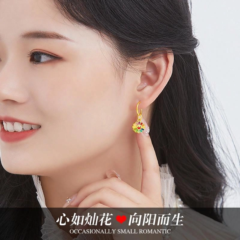 黛若 太阳花真金珐琅彩色养耳洞 足金 一口价 黄金耳环 女款