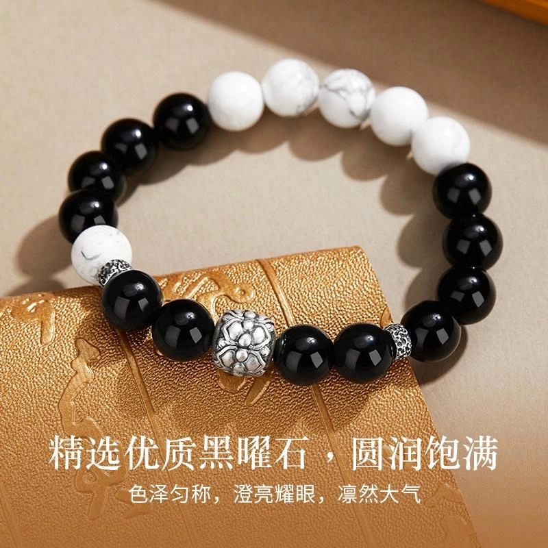 老凤祥 【足银&好事连连】山水墨 福运莲花纳福设计 新中式好运莲莲 黑曜石 手串 男款