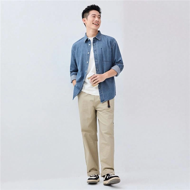 佐丹奴 纯棉撞色明线假袋牛仔长袖衬衫 男款