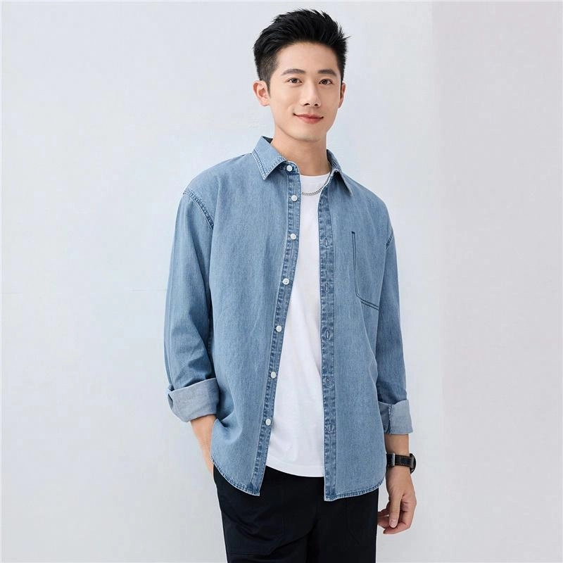 佐丹奴 纯棉撞色明线假袋牛仔长袖衬衫 男款