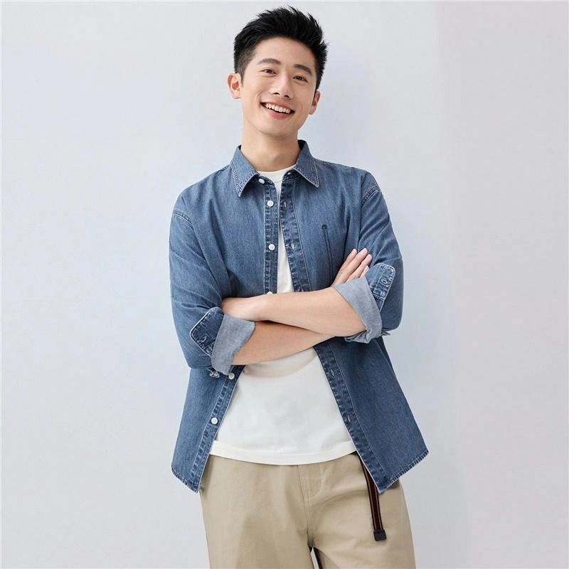 佐丹奴 纯棉撞色明线假袋牛仔长袖衬衫 男款