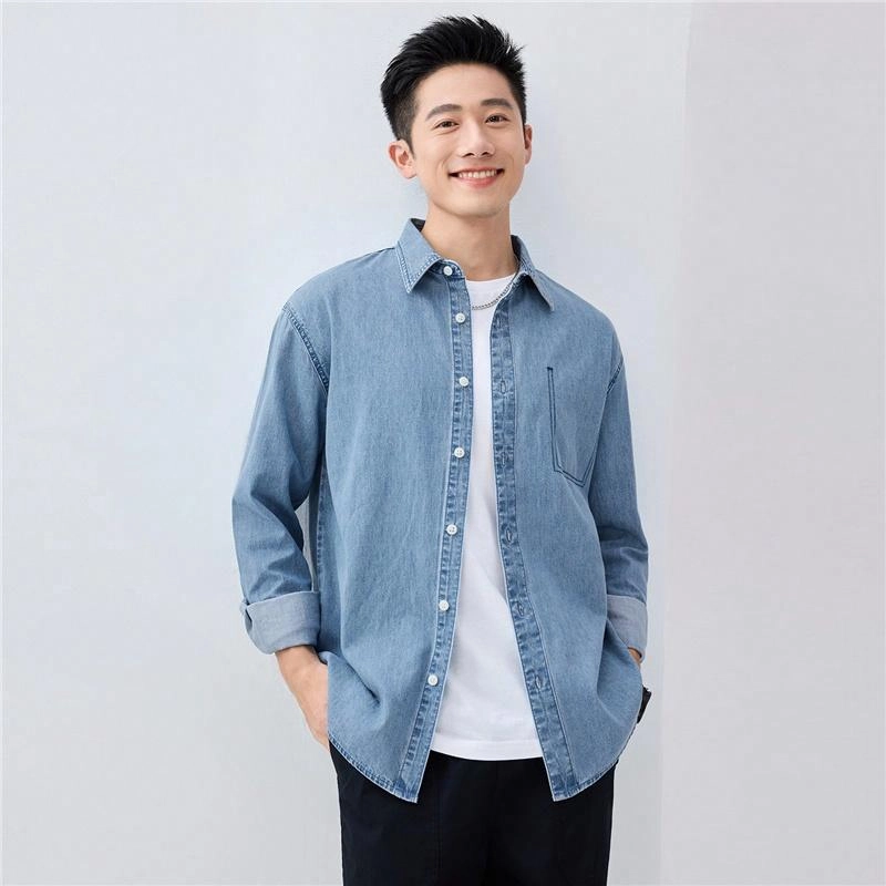 佐丹奴 纯棉撞色明线假袋牛仔长袖衬衫 男款