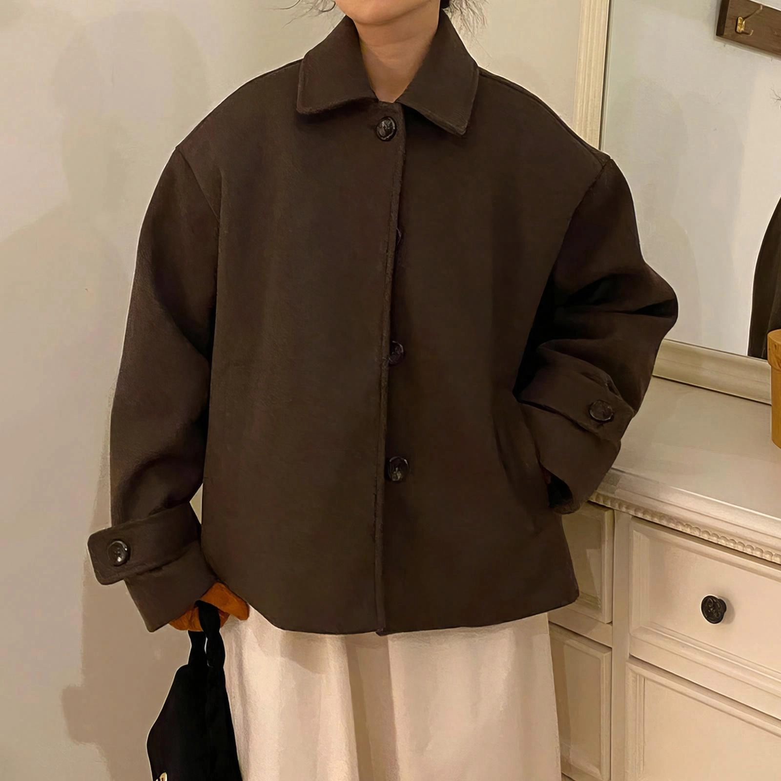 纯色短款呢子青少年加厚翻领单排扣复古宽松落肩大衣 男女同款 深棕色