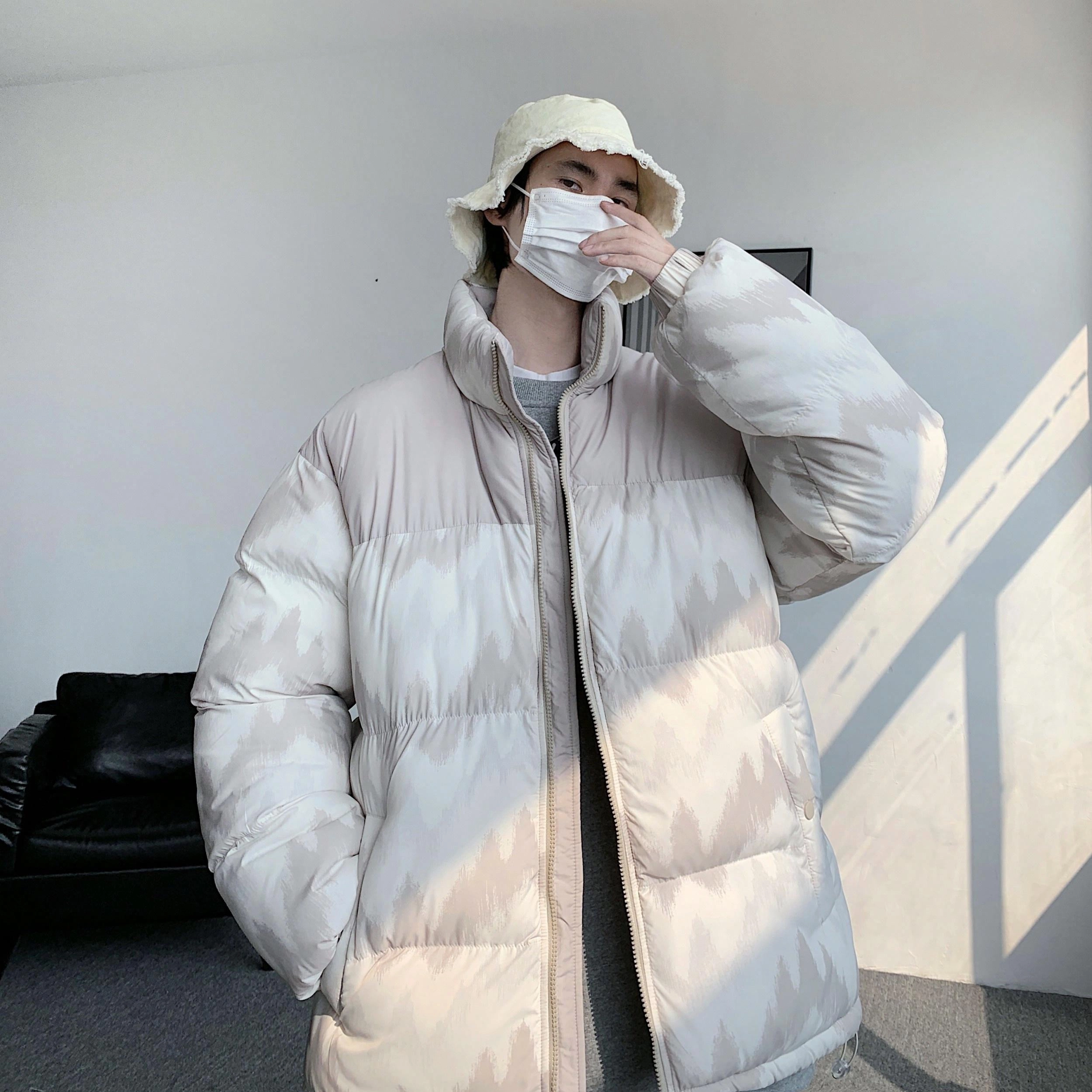 美式字母刺绣设计撞色山峰丛林复古街头氛围感加厚防风防水可调节下摆学院风雪山满印波浪纹拼接撞色立领面包长袖棉服 男女同款