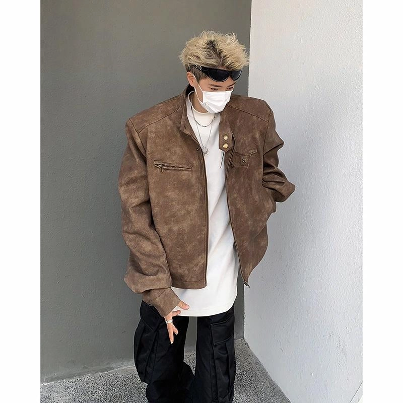 美式高街复古短款潮牌时尚字母拉链无性别主义百搭立领皮衣 男女同款