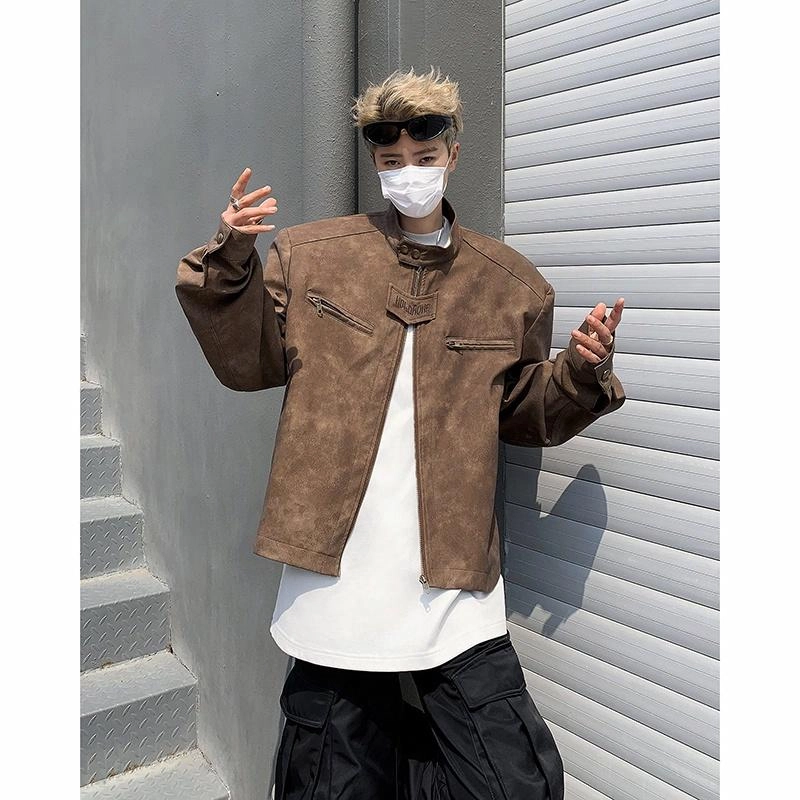 美式高街复古短款潮牌时尚字母拉链无性别主义百搭立领皮衣 男女同款