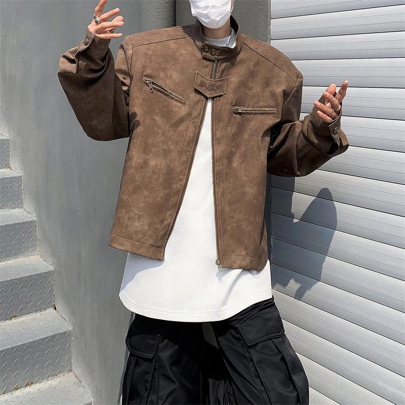 美式高街复古短款潮牌时尚字母拉链无性别主义百搭立领皮衣 男女同款