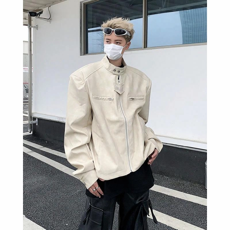 美式高街复古短款潮牌时尚字母拉链无性别主义百搭立领皮衣 男女同款