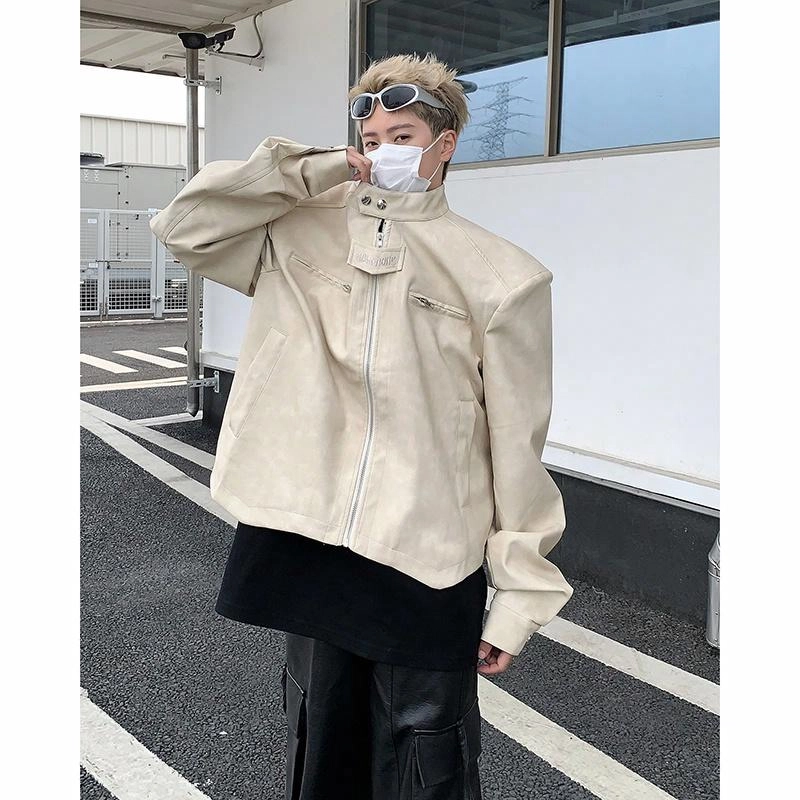 美式高街复古短款潮牌时尚字母拉链无性别主义百搭立领皮衣 男女同款