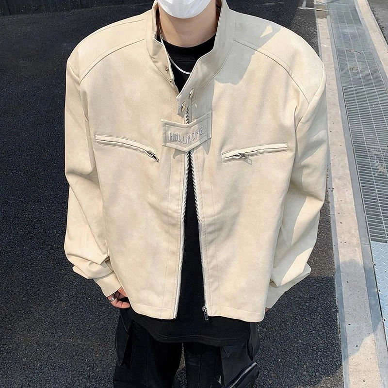 美式高街复古短款潮牌时尚字母拉链无性别主义百搭立领皮衣 男女同款