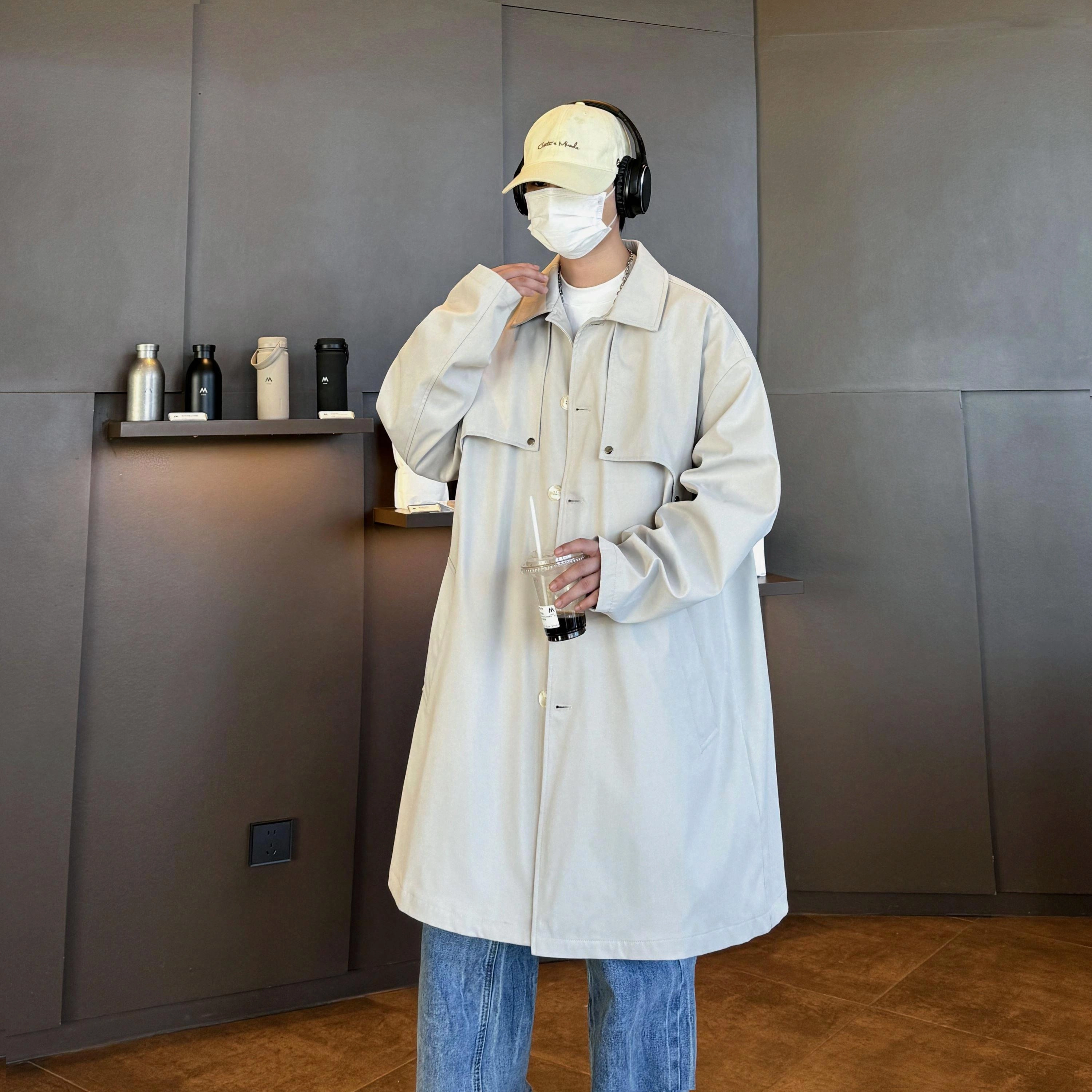 美式高街潮牌英伦时尚纯色简约中长款复古潮流设计感韩系宽松休闲百搭翻领长袖风衣 男女同款