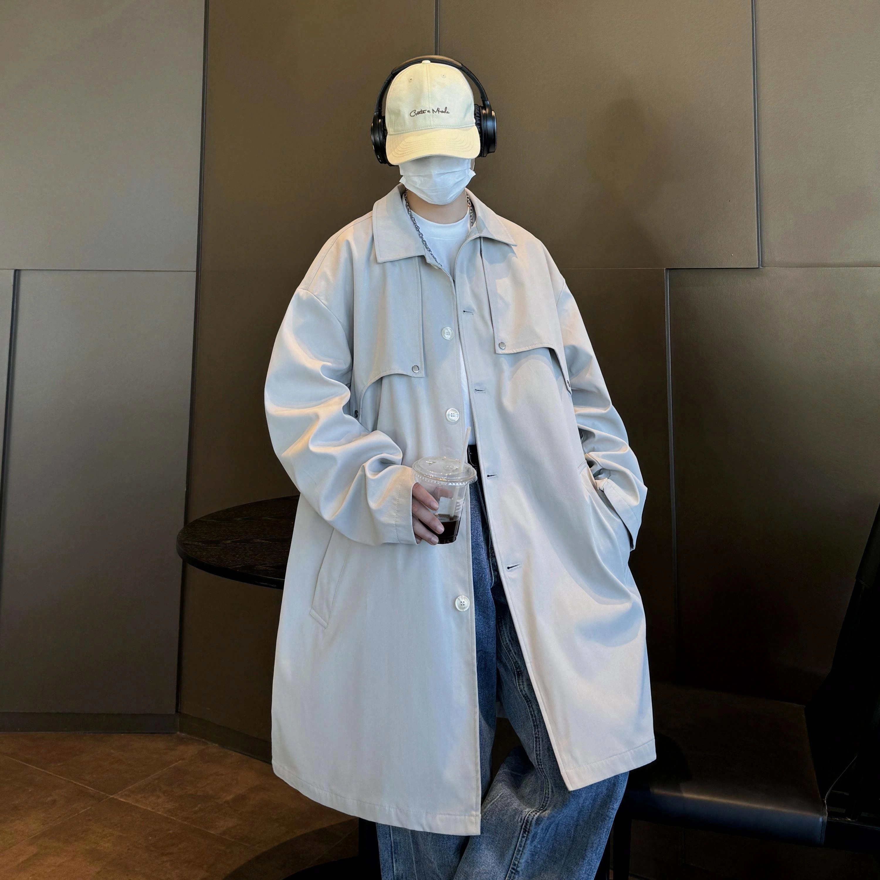 美式高街潮牌英伦时尚纯色简约中长款复古潮流设计感韩系宽松休闲百搭翻领长袖风衣 男女同款