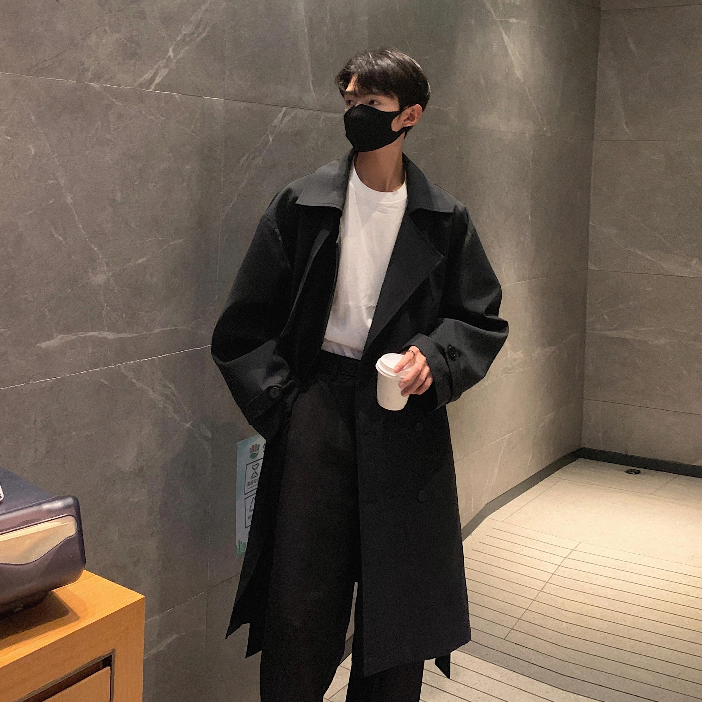 美式高街复古简约基础美拉德格雷系纯色西装领收腰宽松双排扣中长款风衣 男女同款