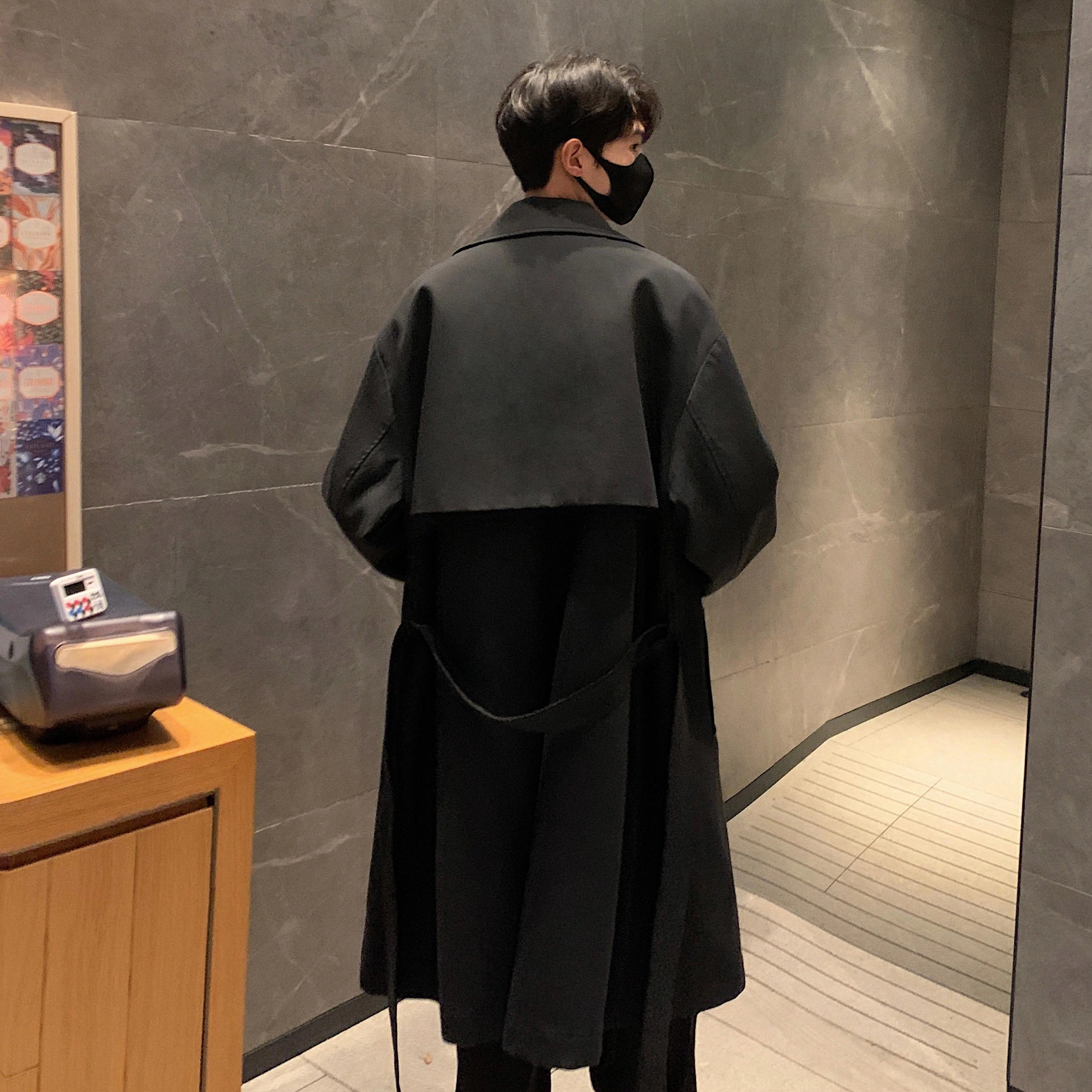 美式高街复古简约基础美拉德格雷系纯色西装领收腰宽松双排扣中长款风衣 男女同款