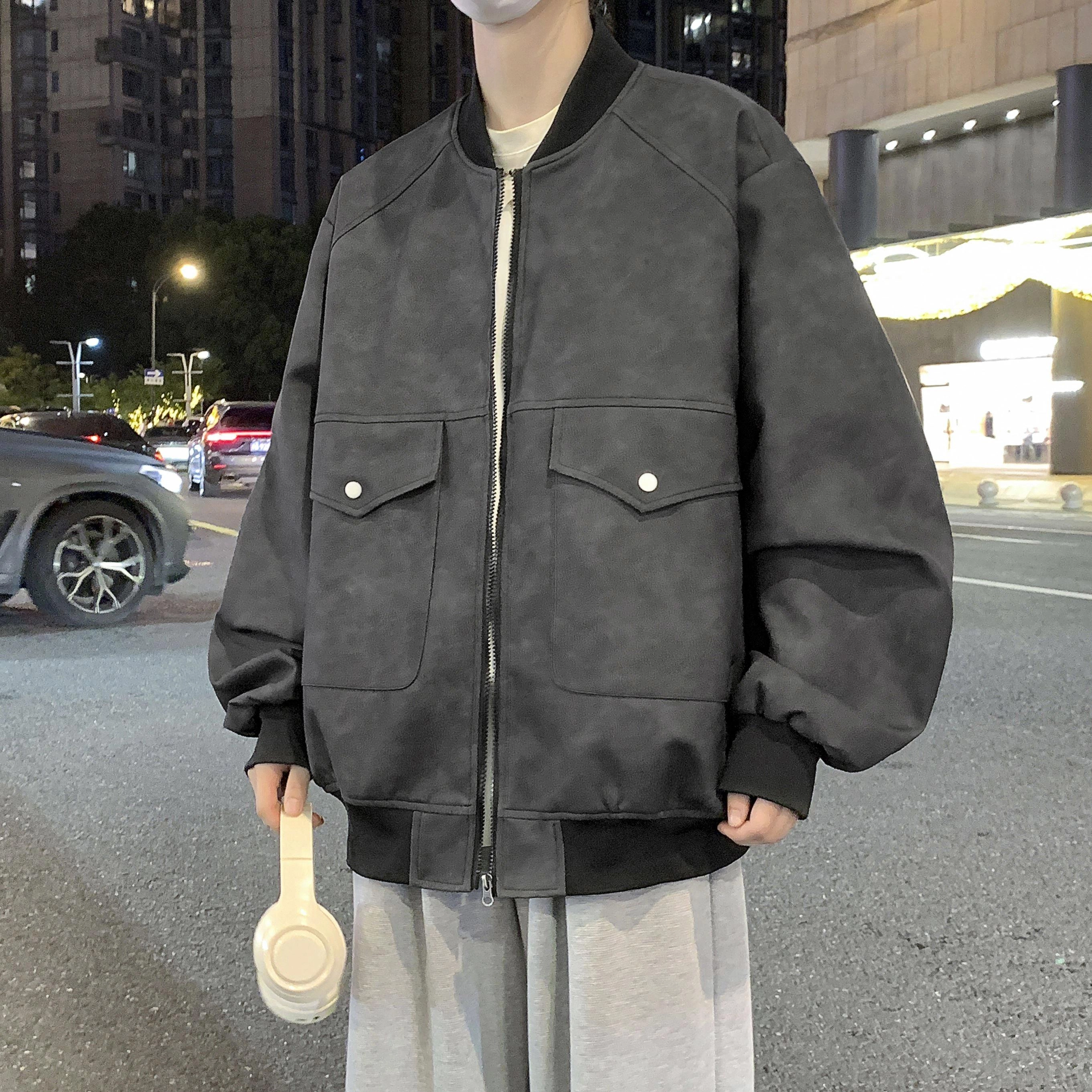 美式高街潮牌复古扎染做旧拼接设计感潮流街头机能工装风宽松大码休闲长袖皮衣 男女同款