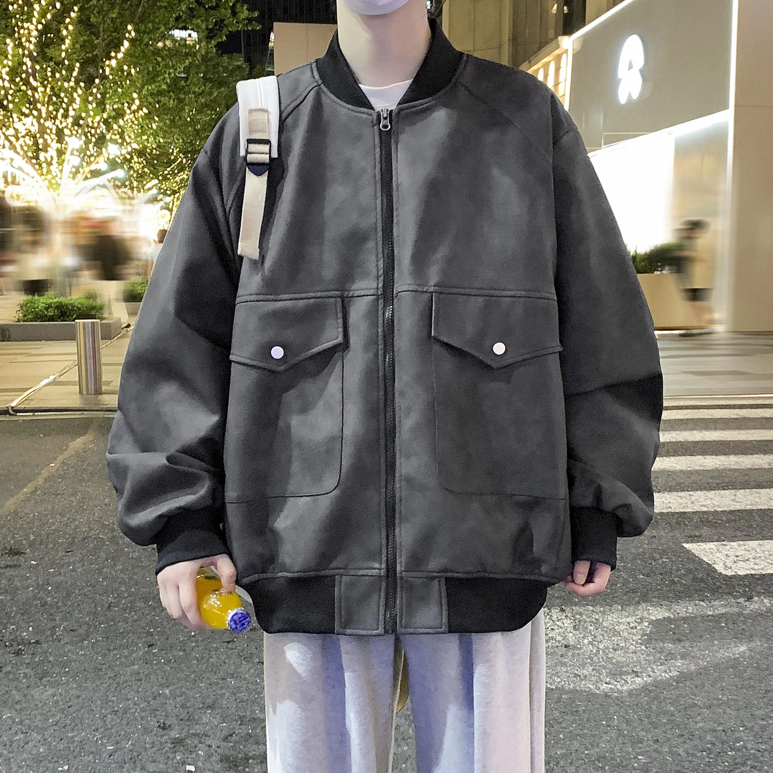 美式高街潮牌复古扎染做旧拼接设计感潮流街头机能工装风宽松大码休闲长袖皮衣 男女同款
