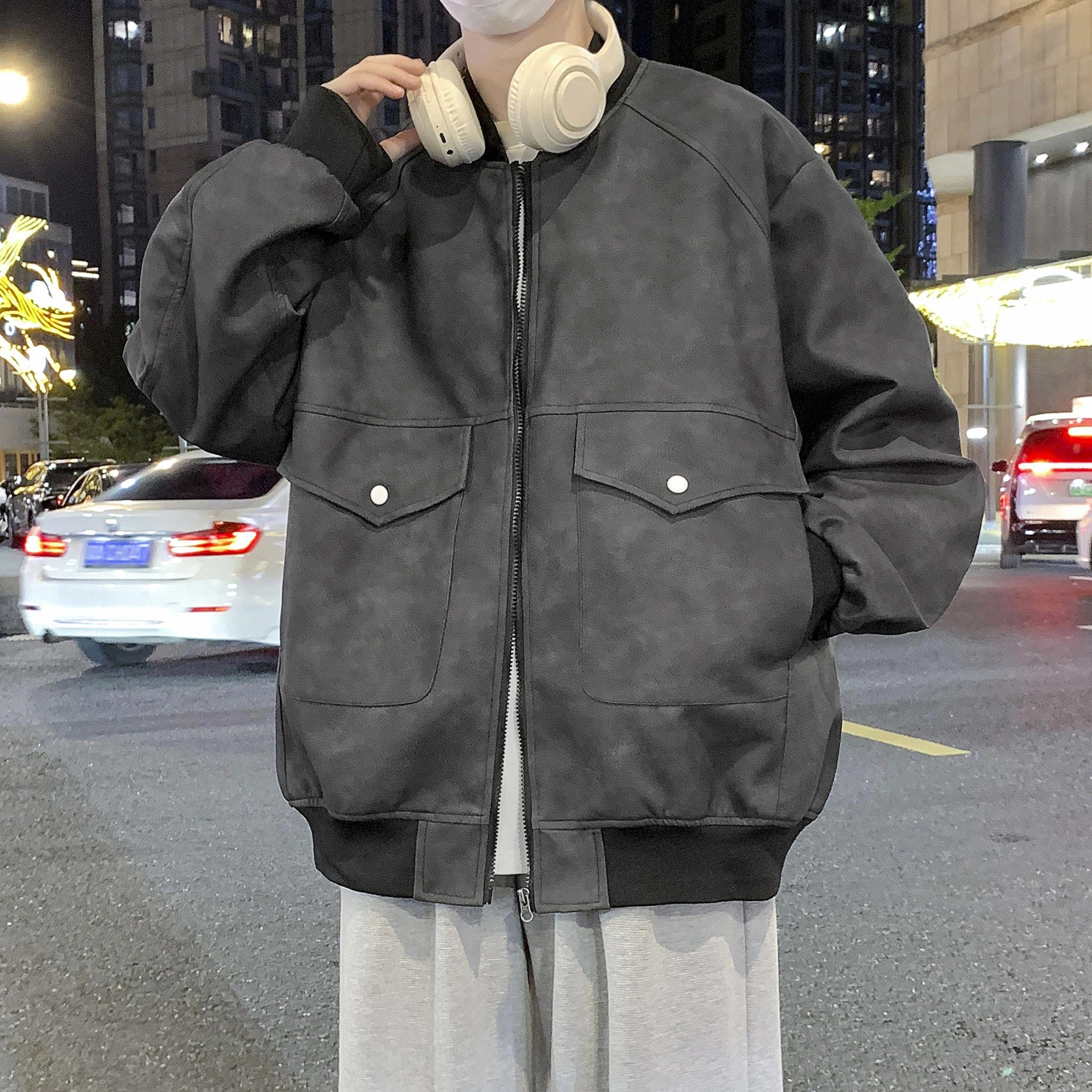美式高街潮牌复古扎染做旧拼接设计感潮流街头机能工装风宽松大码休闲长袖皮衣 男女同款