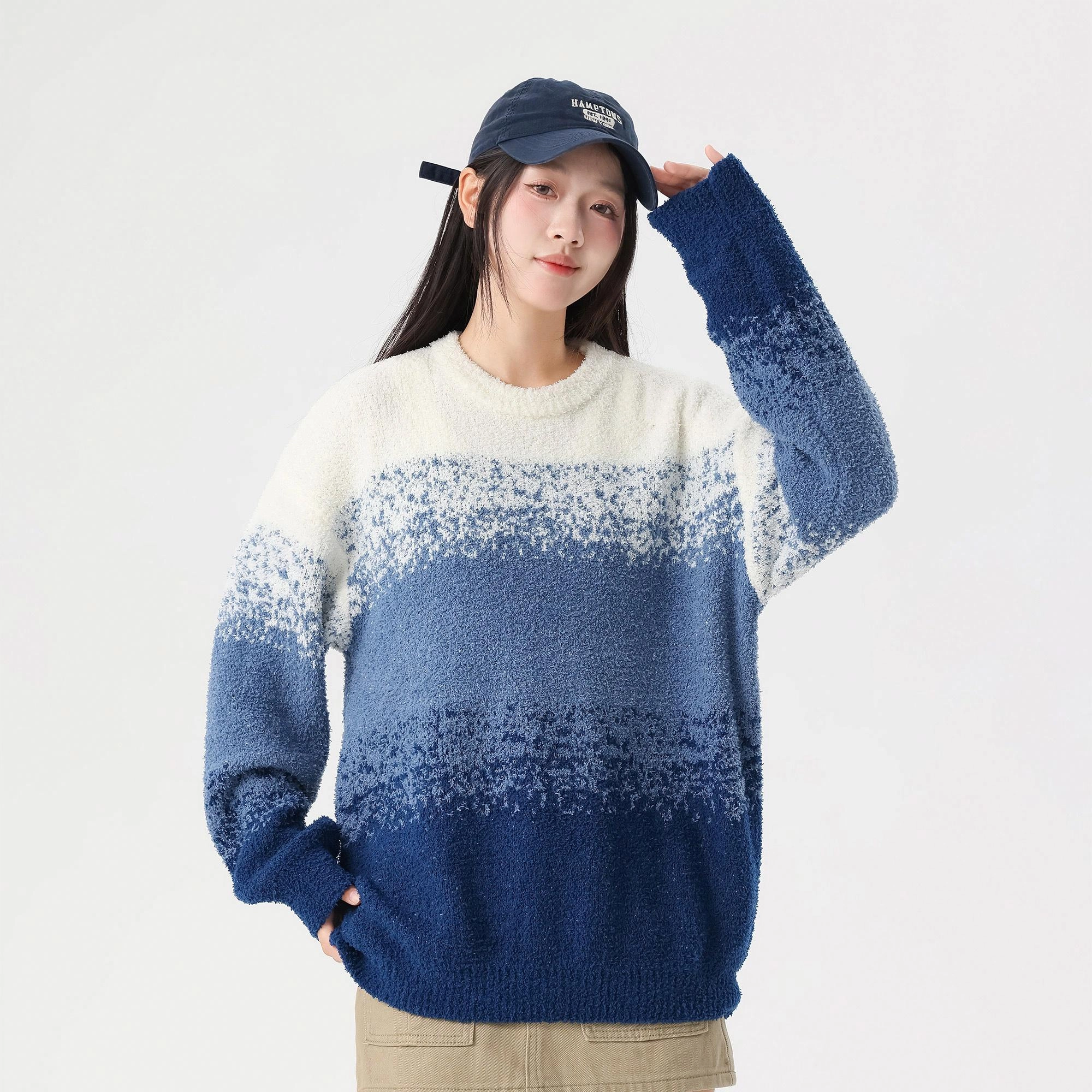 复古简约基础款渐变圆领宽松休闲毛衣 男女同款