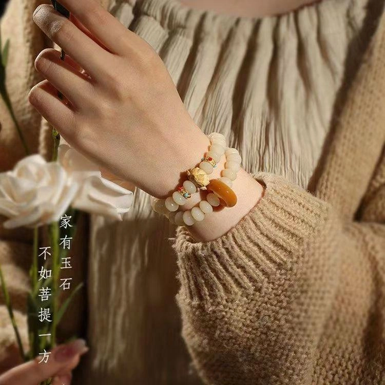 九华山 东方美学│好运蛇年双圈新中式奶油 白玉菩提 手串 男女同款情侣款