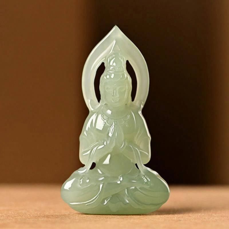 贝诗珠宝 坐莲观音吊坠中式观音菩萨玉挂件精致雕刻好运东方元素吉祥如意中国风 和田玉项链 青白玉 男女同款情侣款