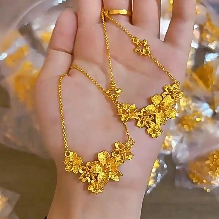 骊碧 金色新中式三生花套链镀金高级感繁花锁骨婚嫁花实用高档轻奢有意义 表白仪式感 黄铜 项链 女款