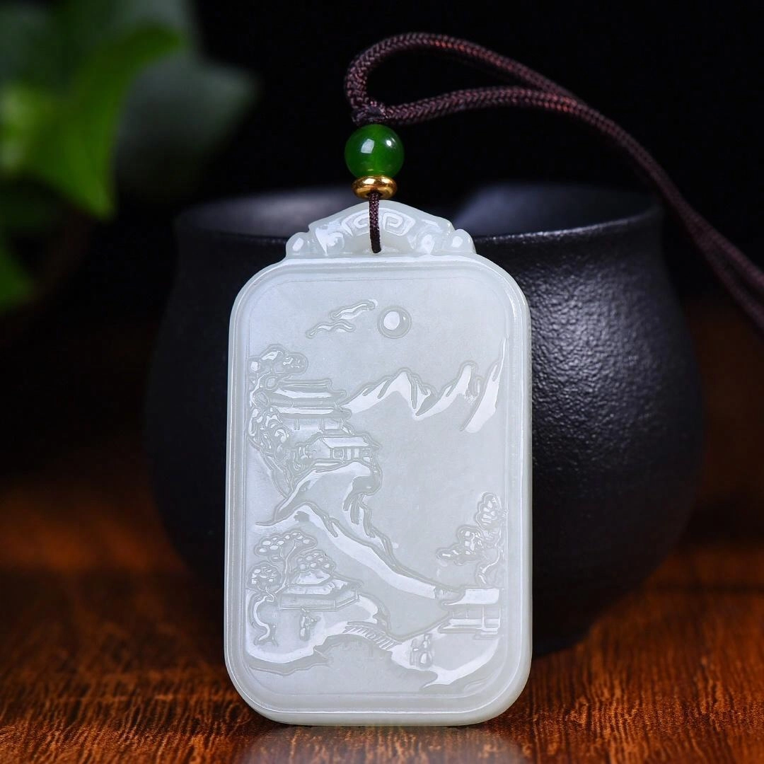 玉韵瑶 国风  财源广进 山水牌玉坠玉牌#好运 精工巧雕 小众 新中式古风 和田玉项链 白玉/青白玉 男女同款情侣款