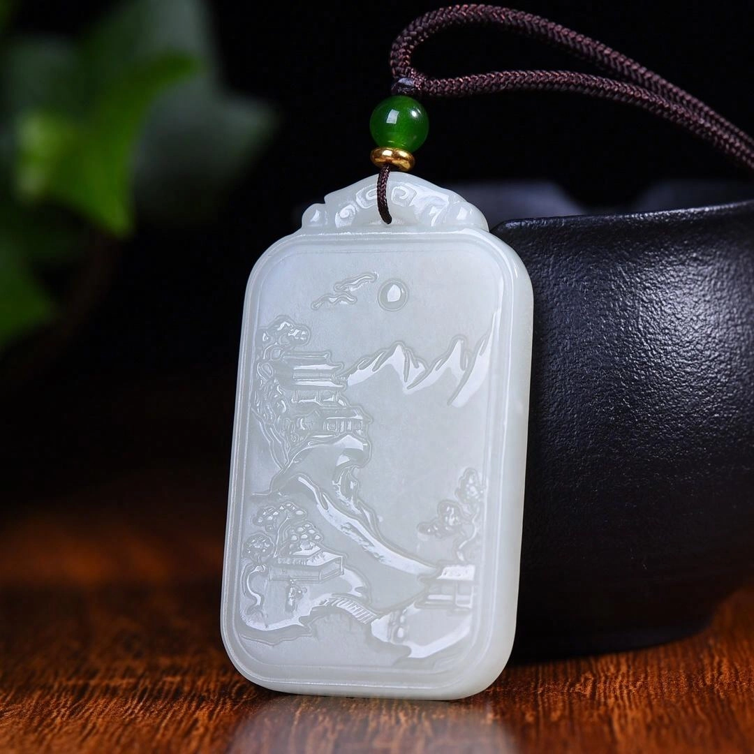 玉韵瑶 国风  财源广进 山水牌玉坠玉牌#好运 精工巧雕 小众 新中式古风 和田玉项链 白玉/青白玉 男女同款情侣款